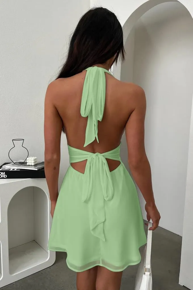 GOKATOSAU Women's Halter Deep V Neck Flowy Chiffon Bow Tie Backless Summer Mini Dress