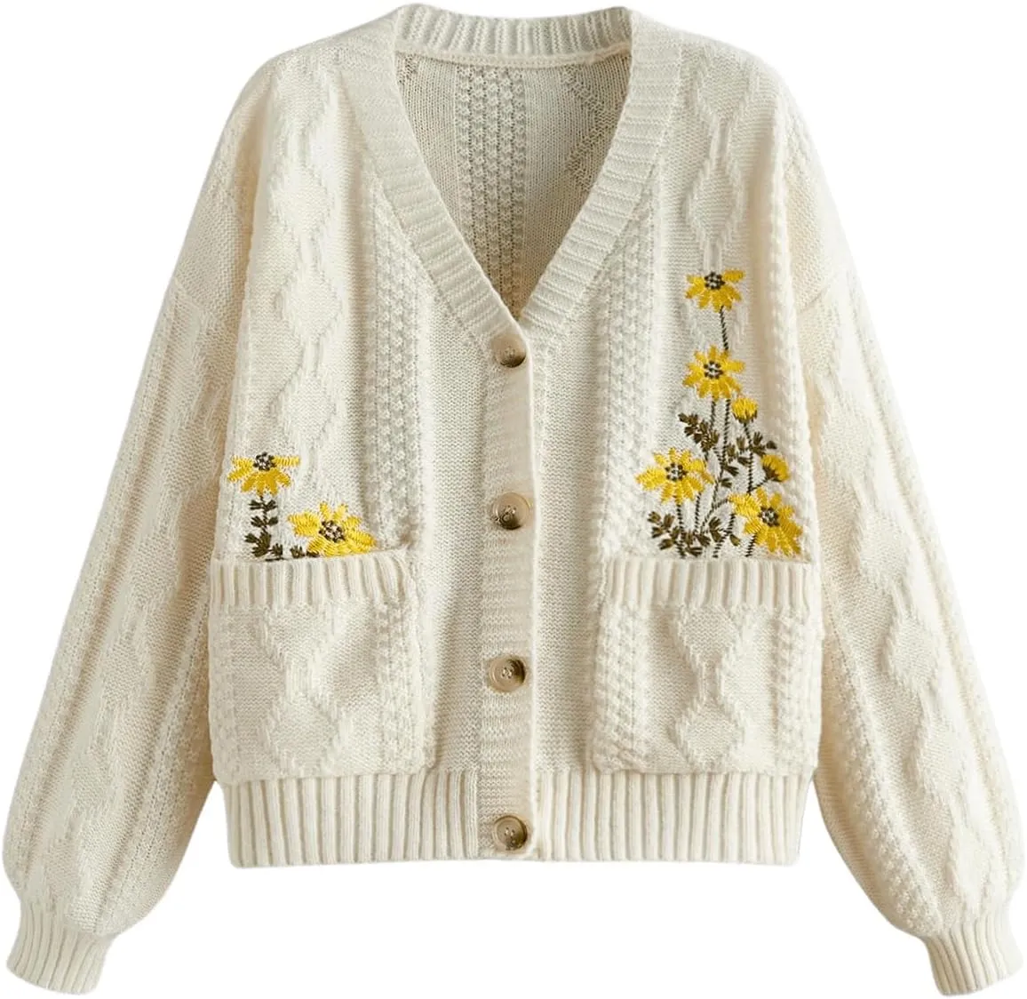 GORGLITTER Women's Flower Embroidery Button Up Cute Cardigan Chunky Cable Knit Oversized Fall Trendy 2025 Sweaters