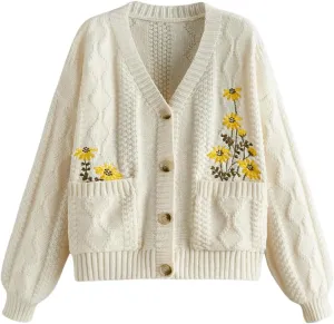 GORGLITTER Women's Flower Embroidery Button Up Cute Cardigan Chunky Cable Knit Oversized Fall Trendy 2025 Sweaters