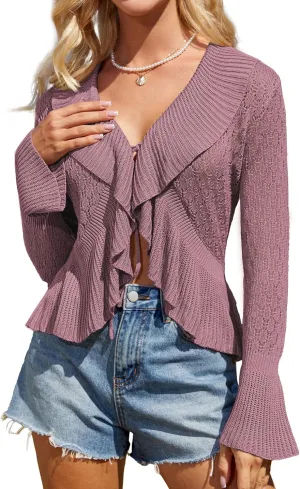 GRACE KARIN Women Hollow Out Cardigan Sweater Lapel Tie Front Crochet Knit Shrugs Long Bell Sleeves with Ruffled Hem