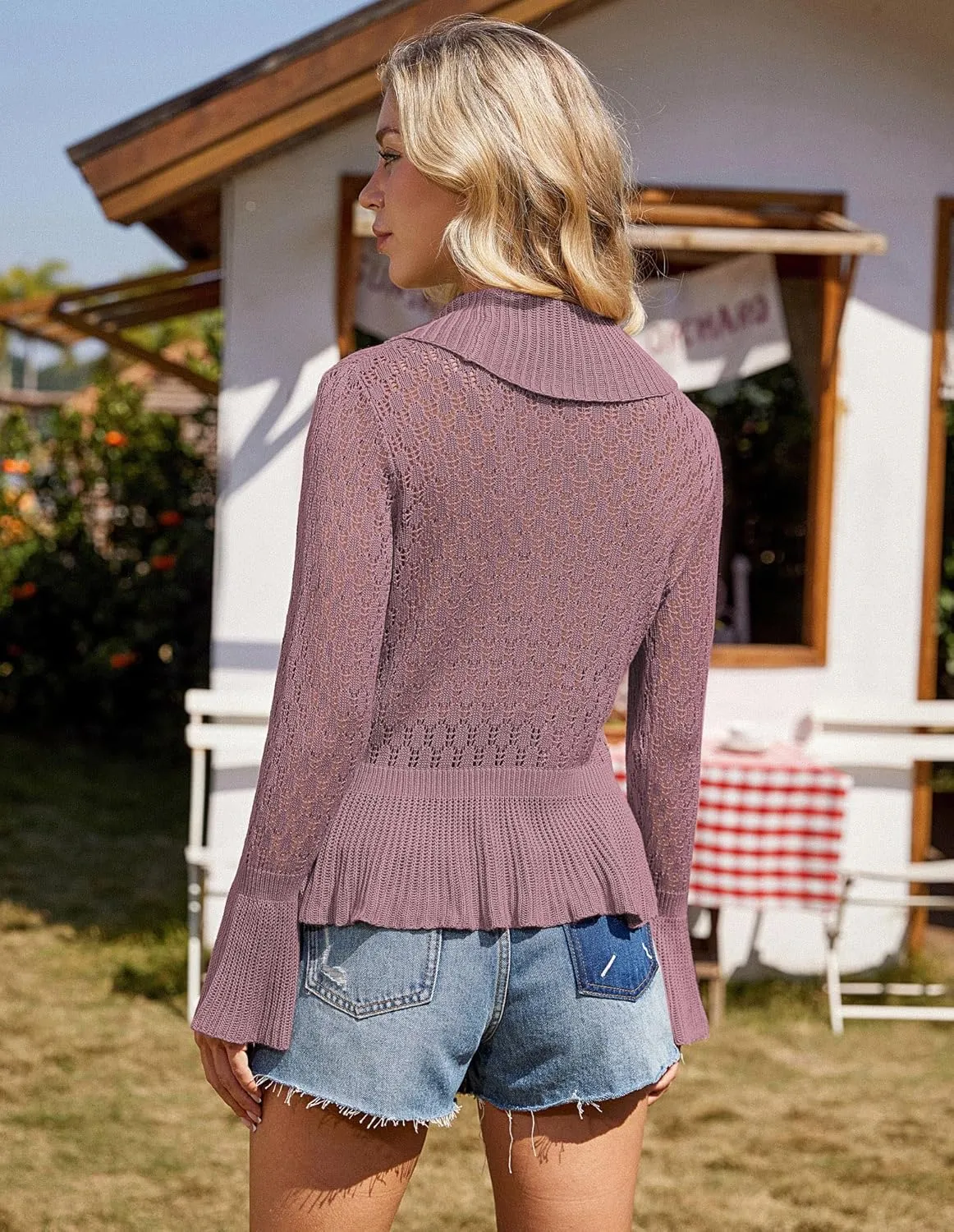 GRACE KARIN Women Hollow Out Cardigan Sweater Lapel Tie Front Crochet Knit Shrugs Long Bell Sleeves with Ruffled Hem