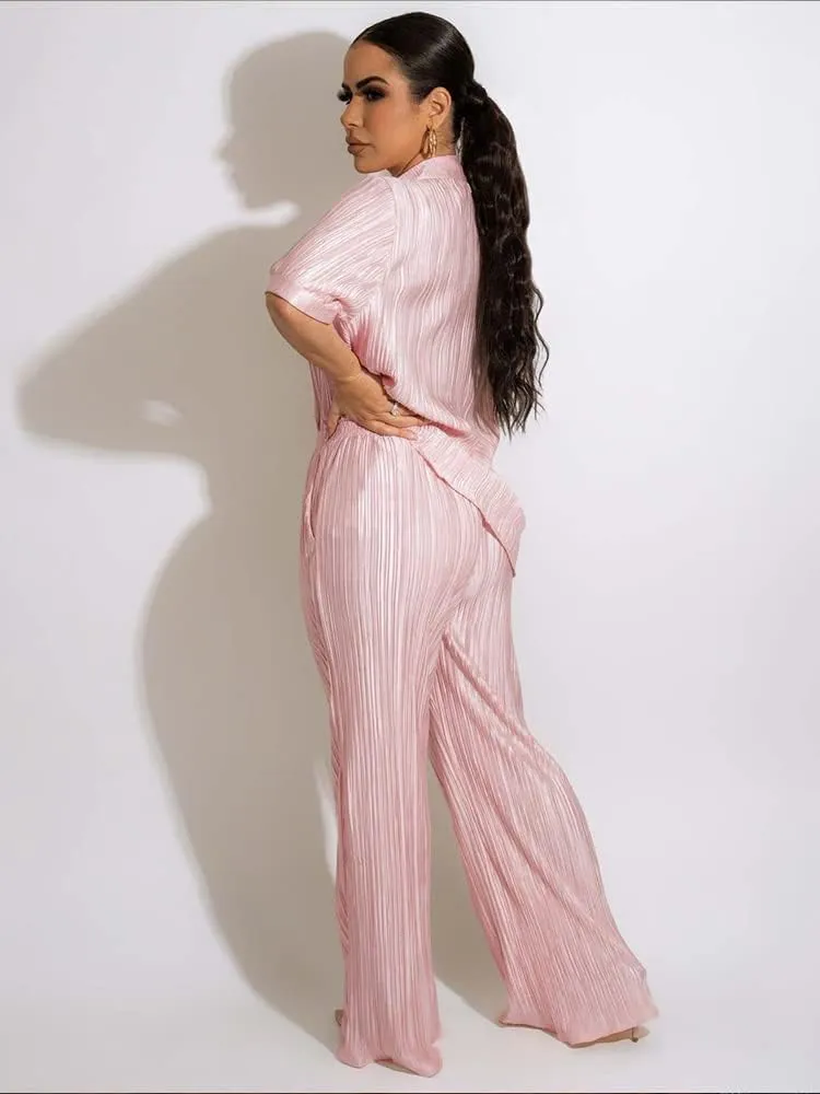 Halfword Women's 2 Piece Casual Outfits Long Sleeve Button Down Shirt High Waist Long Pants Loungewear Streetwear Suits