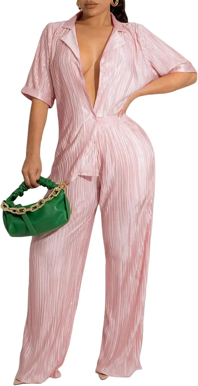 Halfword Women's 2 Piece Casual Outfits Long Sleeve Button Down Shirt High Waist Long Pants Loungewear Streetwear Suits