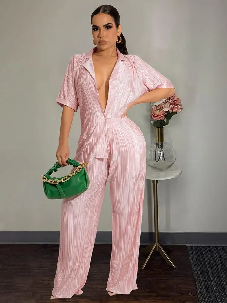 Halfword Women's 2 Piece Casual Outfits Long Sleeve Button Down Shirt High Waist Long Pants Loungewear Streetwear Suits