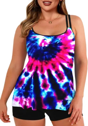 Haloumoning Plus Size Swimsuit for Women with Swim Shorts Two Piece Bathing Suits Tankini Tie Dye Print Tank Tops Swimwear