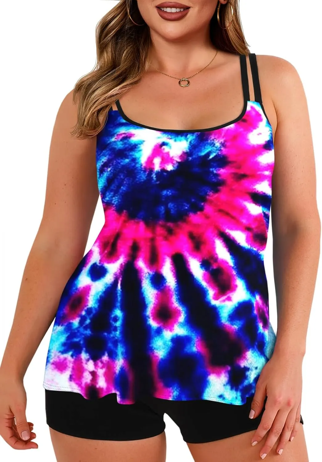 Haloumoning Plus Size Swimsuit for Women with Swim Shorts Two Piece Bathing Suits Tankini Tie Dye Print Tank Tops Swimwear