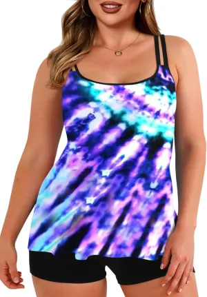 Haloumoning Plus Size Swimsuit for Women with Swim Shorts Two Piece Bathing Suits Tankini Tie Dye Print Tank Tops Swimwear