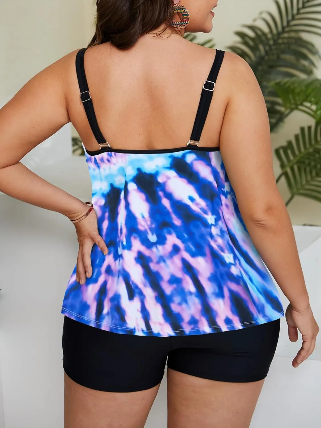 Haloumoning Plus Size Swimsuit for Women with Swim Shorts Two Piece Bathing Suits Tankini Tie Dye Print Tank Tops Swimwear