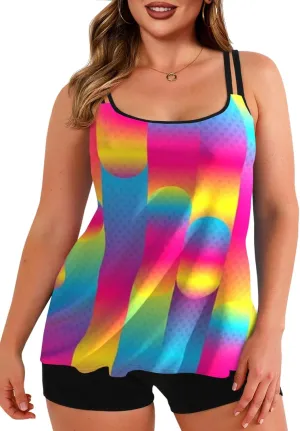 Haloumoning Plus Size Swimsuit for Women with Swim Shorts Two Piece Bathing Suits Tankini Tie Dye Print Tank Tops Swimwear