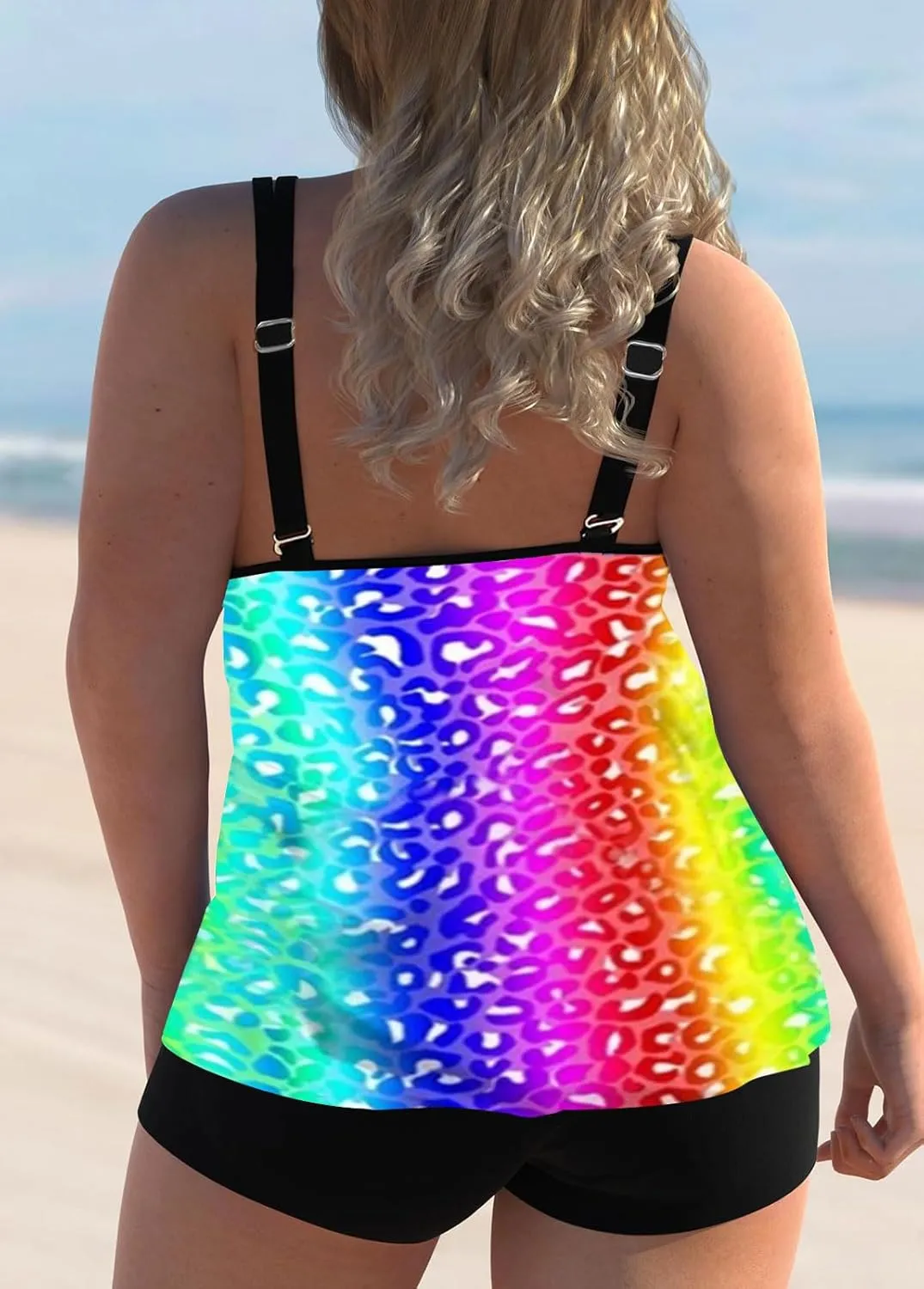 Haloumoning Plus Size Swimsuit for Women with Swim Shorts Two Piece Bathing Suits Tankini Tie Dye Print Tank Tops Swimwear
