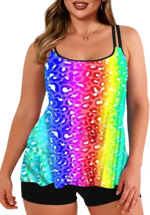 Haloumoning Plus Size Swimsuit for Women with Swim Shorts Two Piece Bathing Suits Tankini Tie Dye Print Tank Tops Swimwear