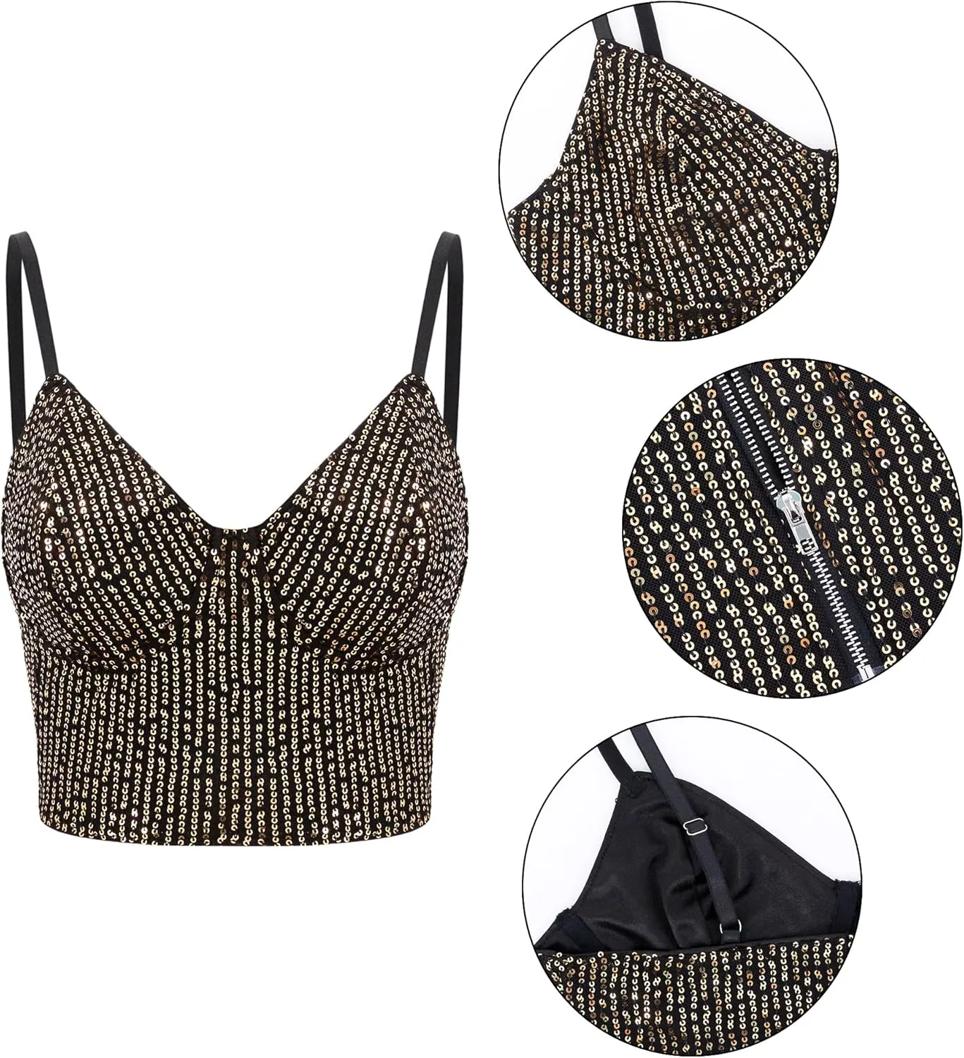 Haoohu Women's Sparkly Sequin Spaghetti Strap Crop Top Sleeveless V Neck Rave Tank Vest Clubwear