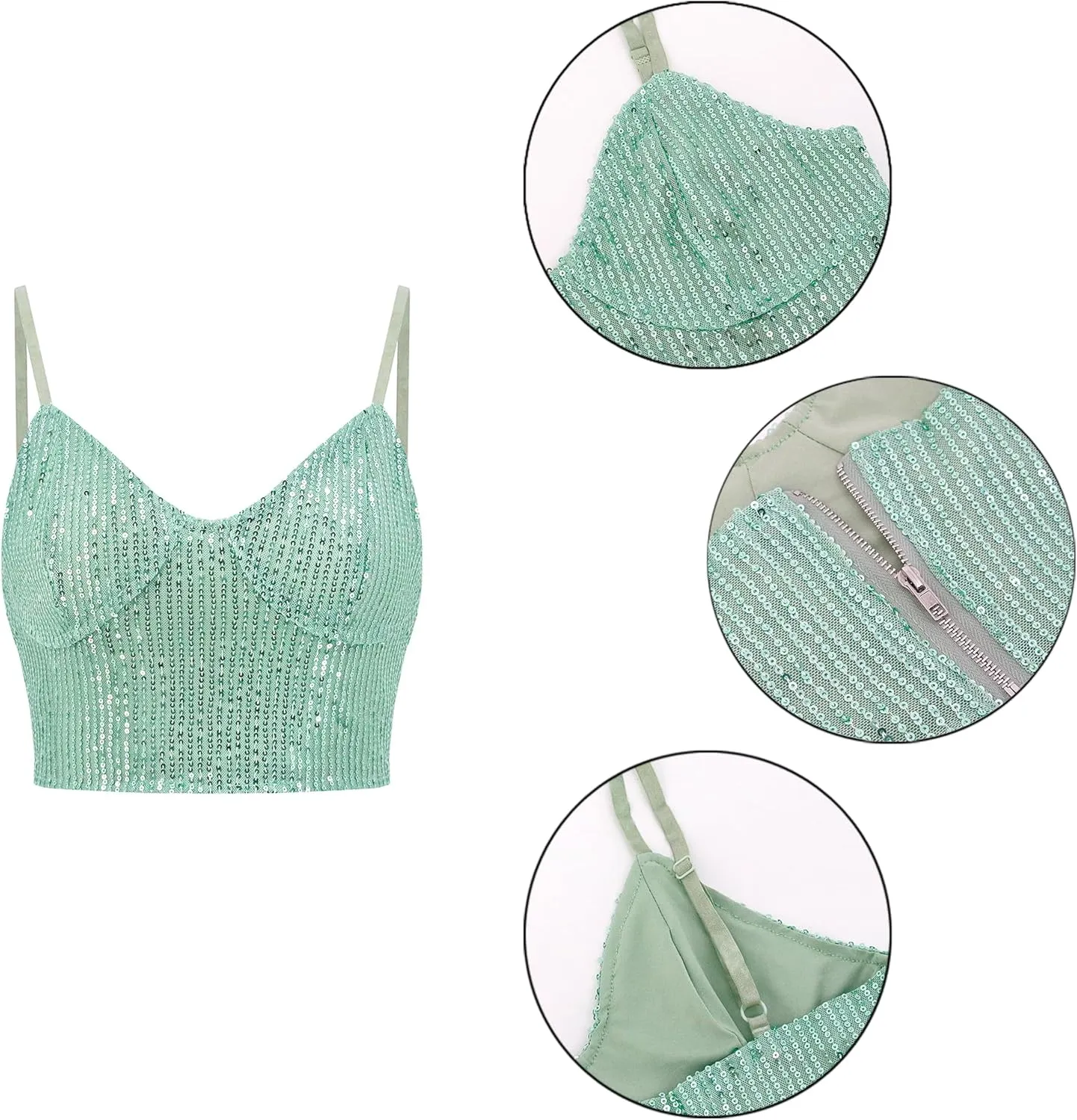Haoohu Women's Sparkly Sequin Spaghetti Strap Crop Top Sleeveless V Neck Rave Tank Vest Clubwear