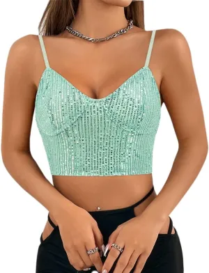 Haoohu Women's Sparkly Sequin Spaghetti Strap Crop Top Sleeveless V Neck Rave Tank Vest Clubwear