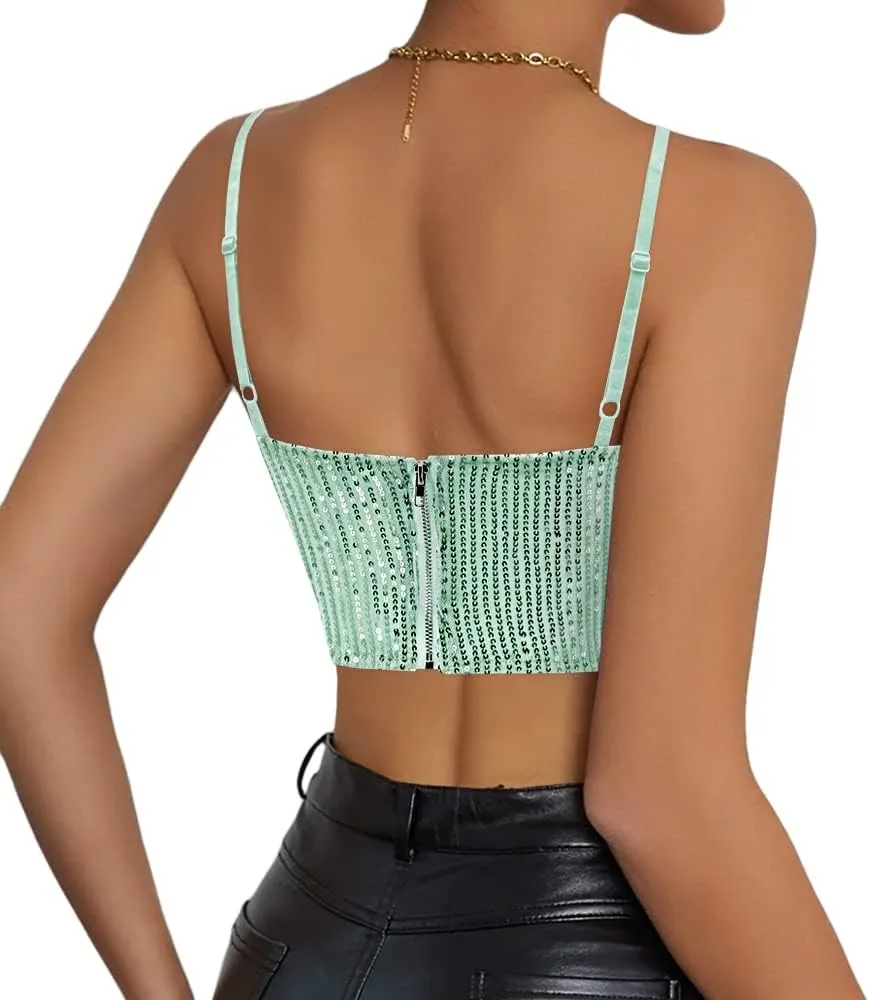 Haoohu Women's Sparkly Sequin Spaghetti Strap Crop Top Sleeveless V Neck Rave Tank Vest Clubwear