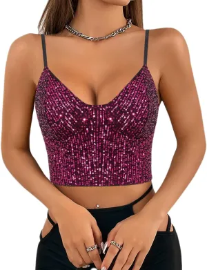 Haoohu Women's Sparkly Sequin Spaghetti Strap Crop Top Sleeveless V Neck Rave Tank Vest Clubwear