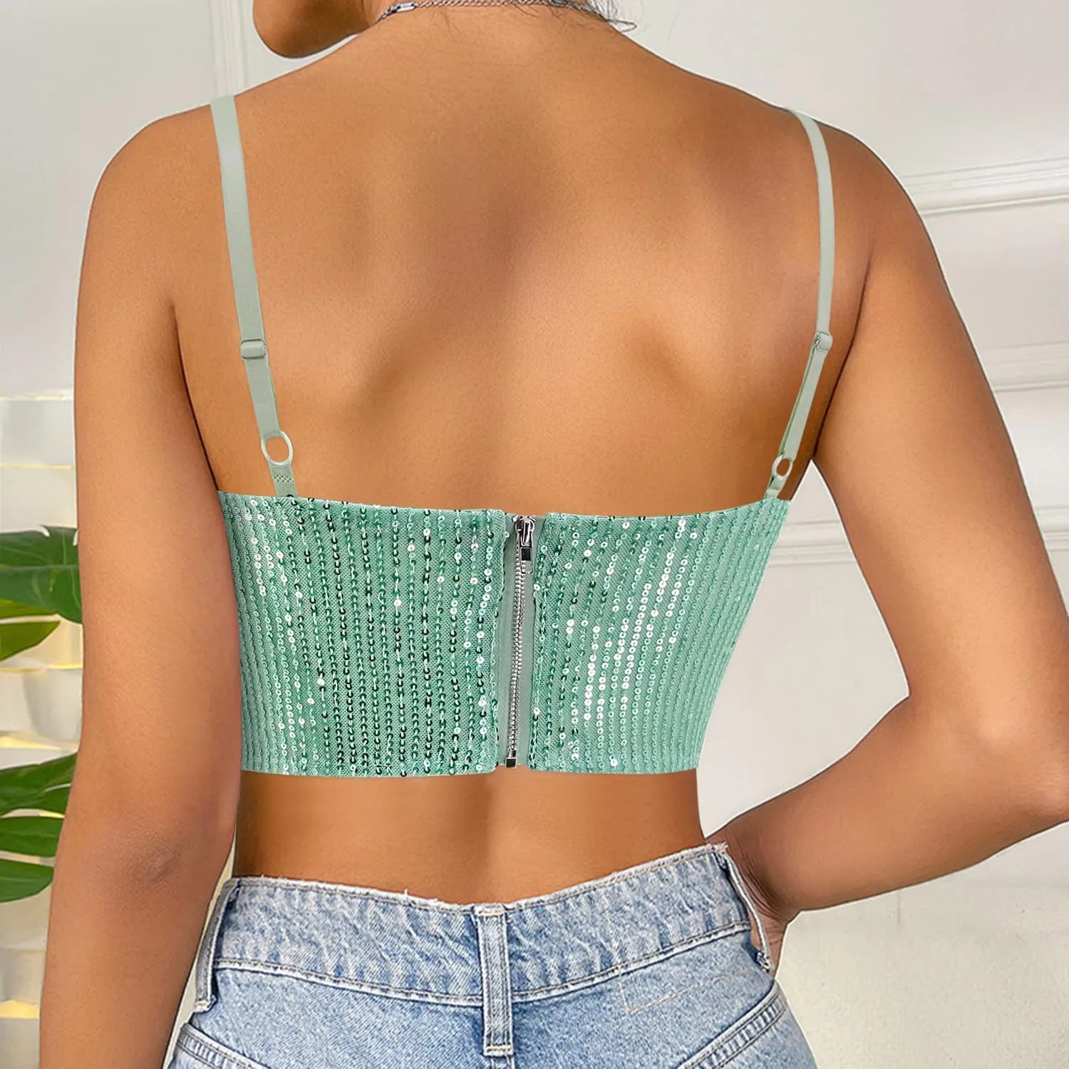 Haoohu Women's Sparkly Sequin Spaghetti Strap Crop Top Sleeveless V Neck Rave Tank Vest Clubwear