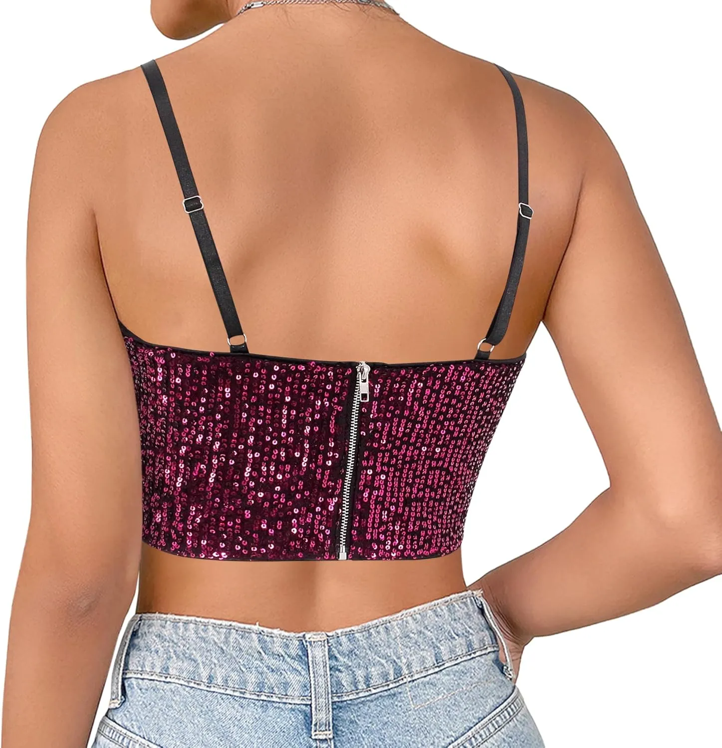 Haoohu Women's Sparkly Sequin Spaghetti Strap Crop Top Sleeveless V Neck Rave Tank Vest Clubwear