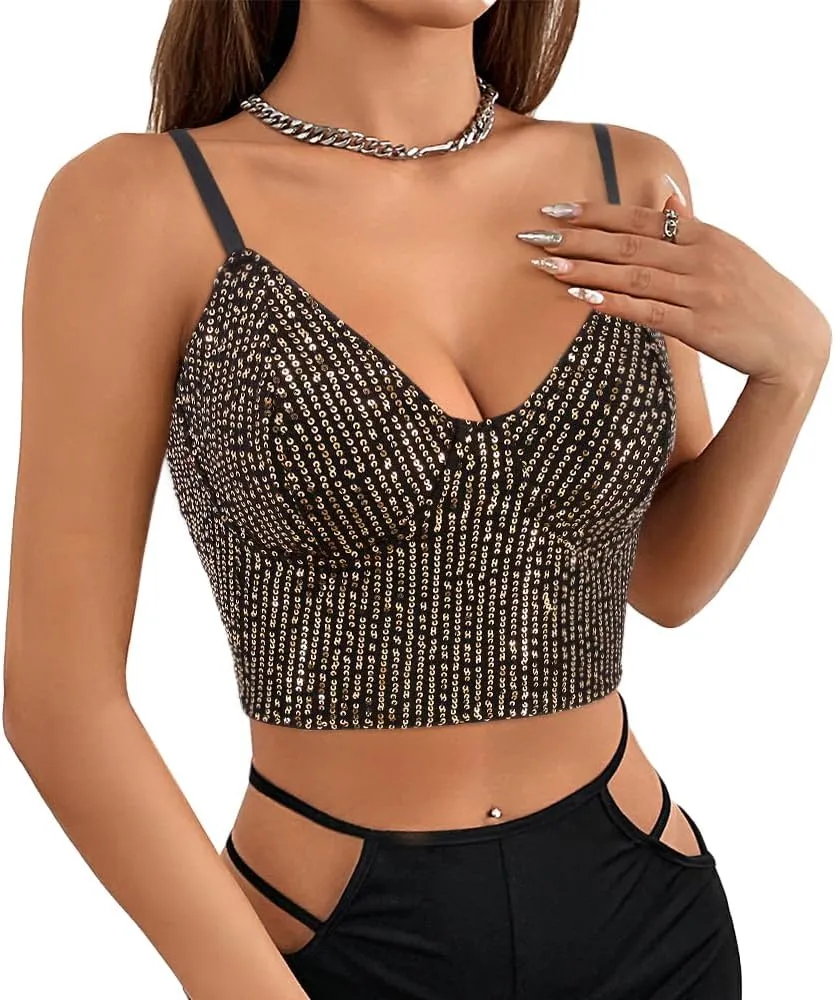 Haoohu Women's Sparkly Sequin Spaghetti Strap Crop Top Sleeveless V Neck Rave Tank Vest Clubwear