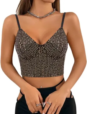 Haoohu Women's Sparkly Sequin Spaghetti Strap Crop Top Sleeveless V Neck Rave Tank Vest Clubwear