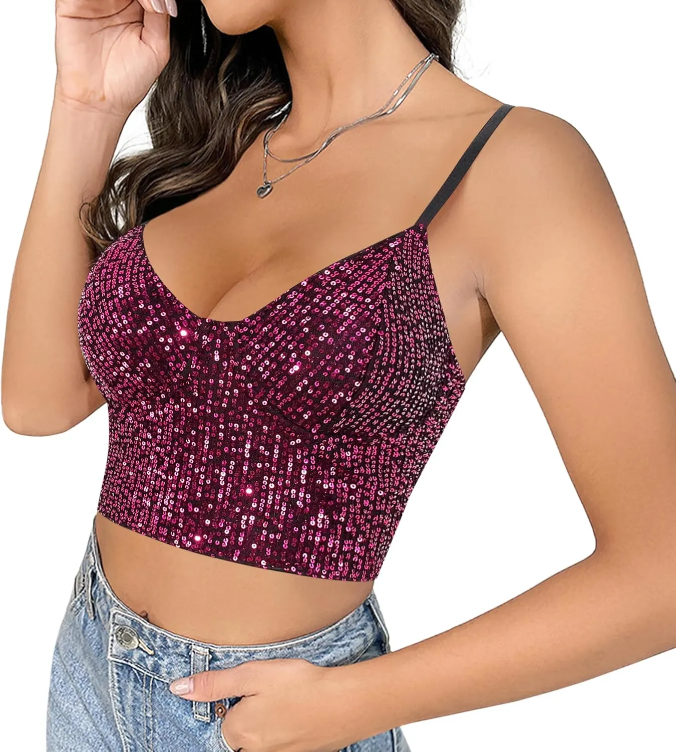 Haoohu Women's Sparkly Sequin Spaghetti Strap Crop Top Sleeveless V Neck Rave Tank Vest Clubwear
