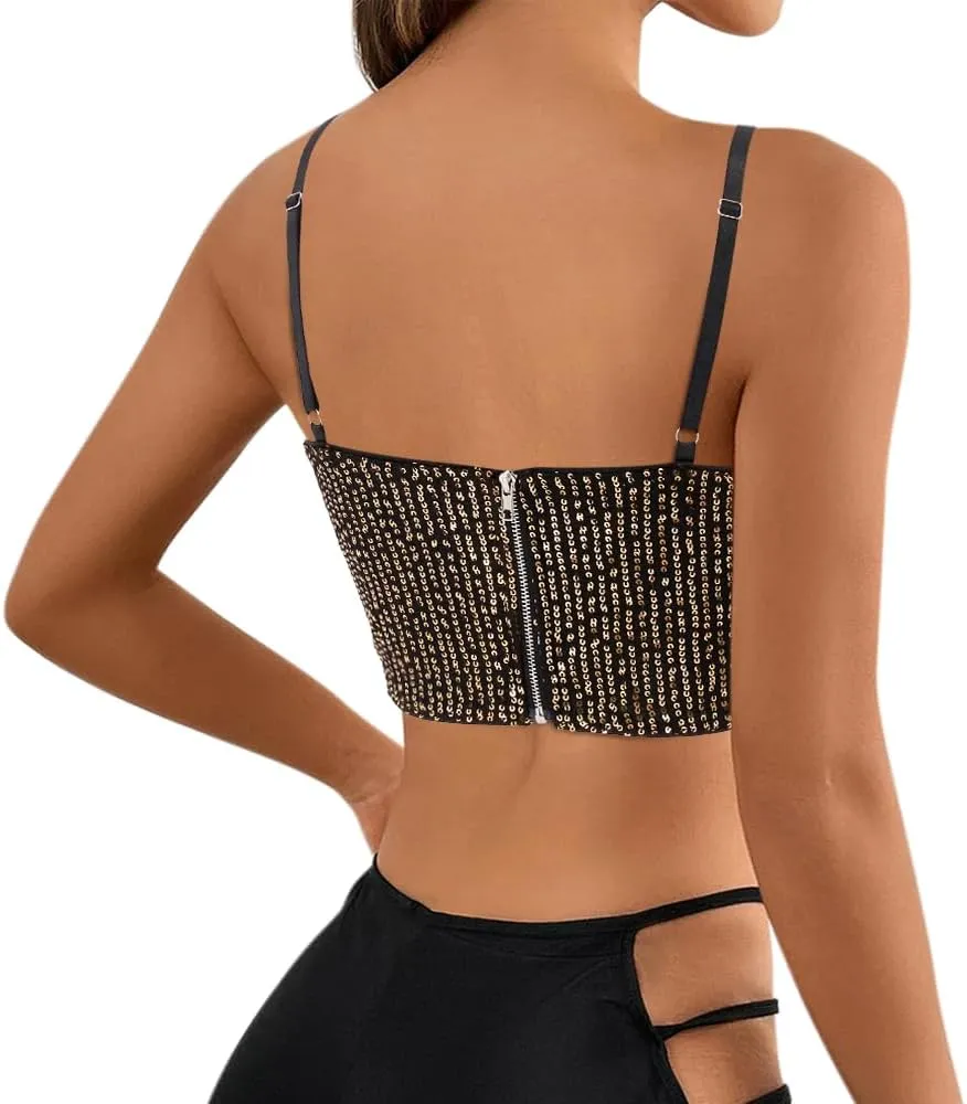 Haoohu Women's Sparkly Sequin Spaghetti Strap Crop Top Sleeveless V Neck Rave Tank Vest Clubwear