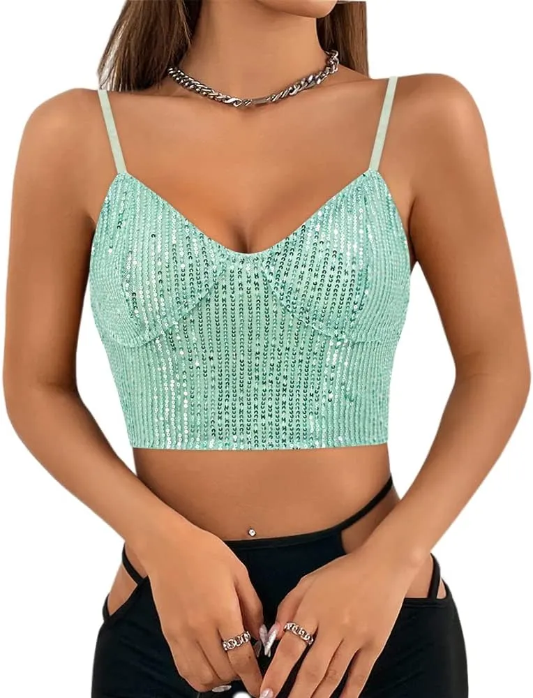 Haoohu Women's Sparkly Sequin Spaghetti Strap Crop Top Sleeveless V Neck Rave Tank Vest Clubwear