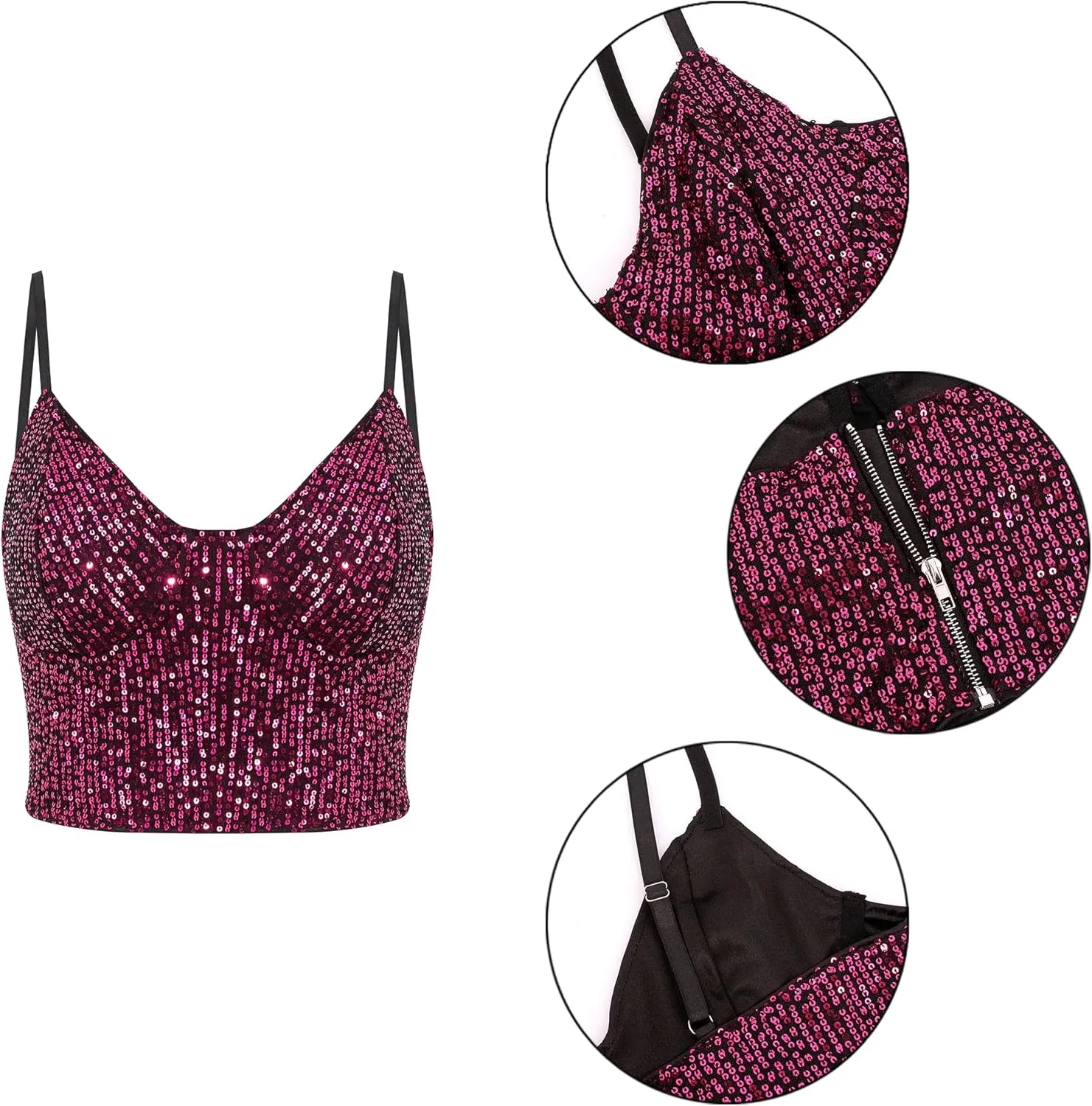 Haoohu Women's Sparkly Sequin Spaghetti Strap Crop Top Sleeveless V Neck Rave Tank Vest Clubwear