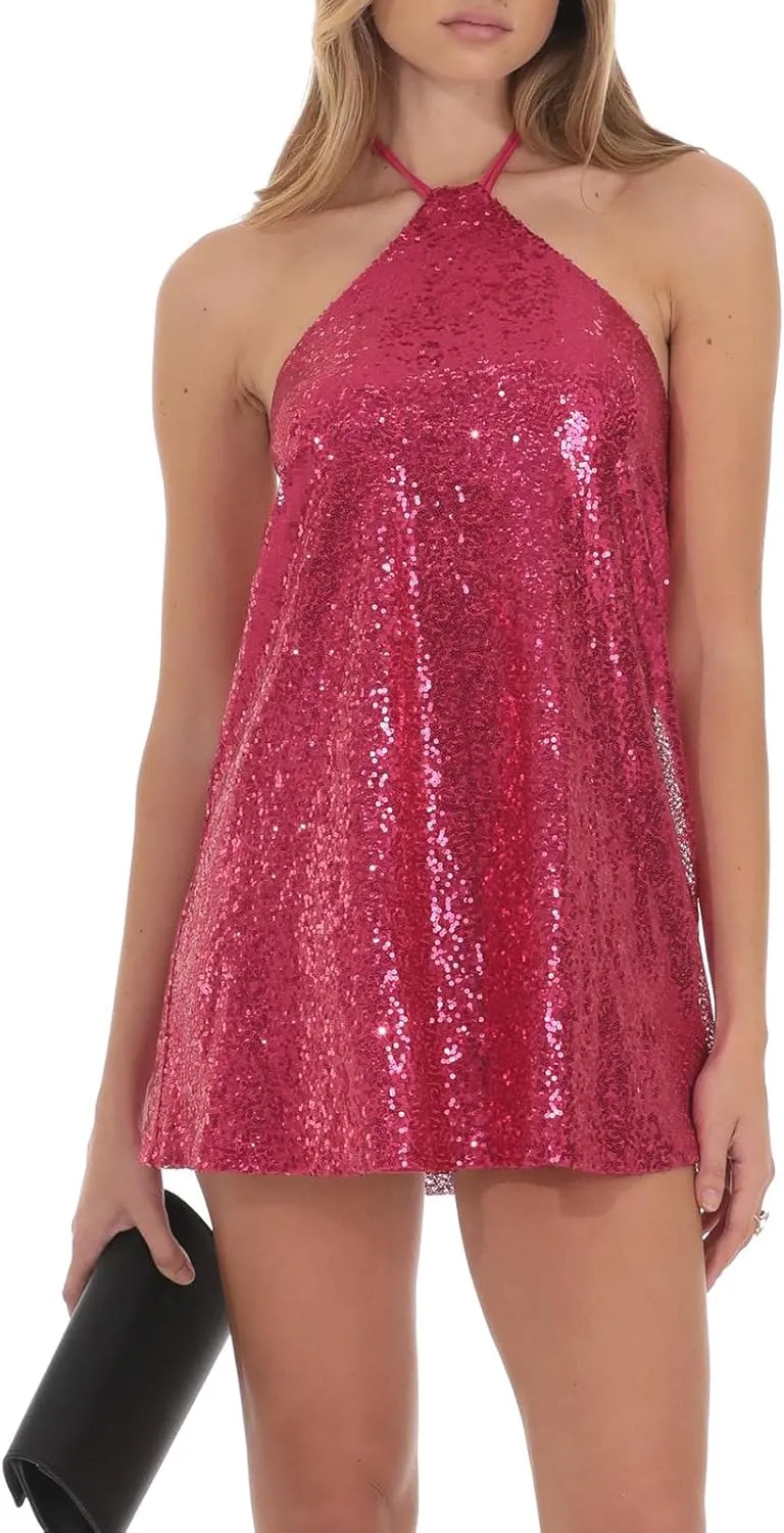 hibshaby Women's Glitter Sequin Dress Halter Neck Party Cocktail Sparkly Mini Dress Clubwear