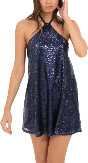 hibshaby Women's Glitter Sequin Dress Halter Neck Party Cocktail Sparkly Mini Dress Clubwear