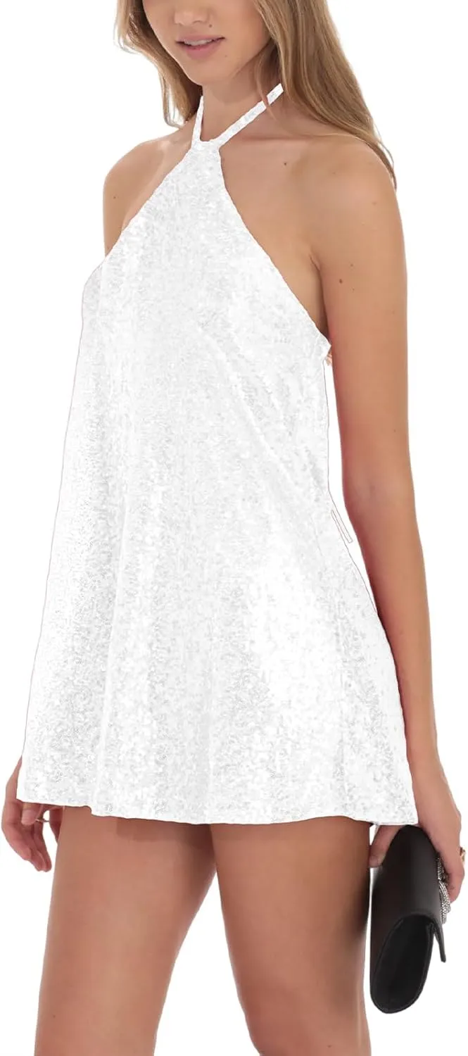 hibshaby Women's Glitter Sequin Dress Halter Neck Party Cocktail Sparkly Mini Dress Clubwear
