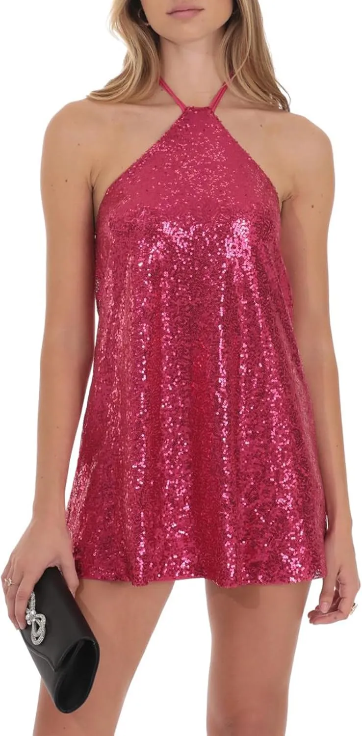 hibshaby Women's Glitter Sequin Dress Halter Neck Party Cocktail Sparkly Mini Dress Clubwear