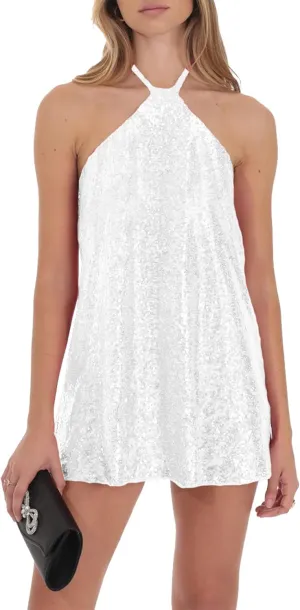 hibshaby Women's Glitter Sequin Dress Halter Neck Party Cocktail Sparkly Mini Dress Clubwear