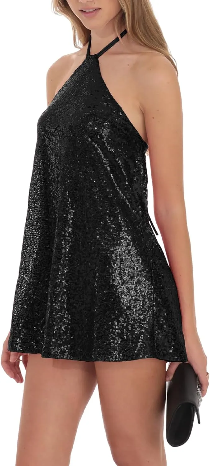 hibshaby Women's Glitter Sequin Dress Halter Neck Party Cocktail Sparkly Mini Dress Clubwear