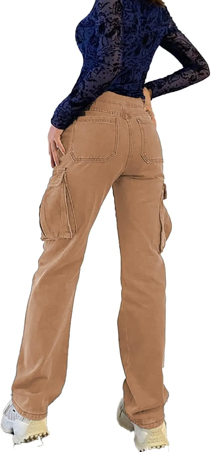 High Waist Baggy Cargo Jeans for Women Flap Pocket Relaxed Fit Straight Wide Leg Y2K Fashion Jeans