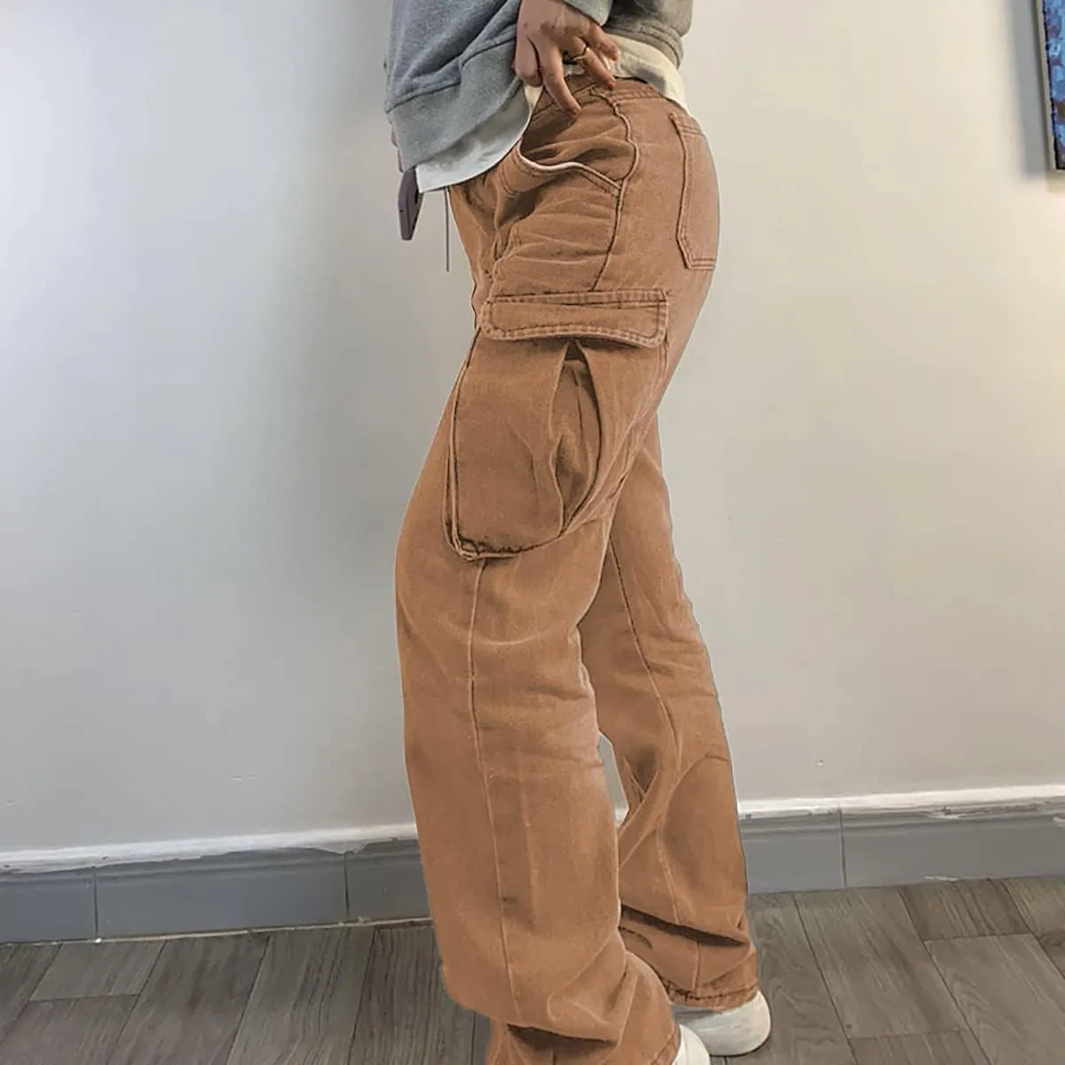 High Waist Baggy Cargo Jeans for Women Flap Pocket Relaxed Fit Straight Wide Leg Y2K Fashion Jeans