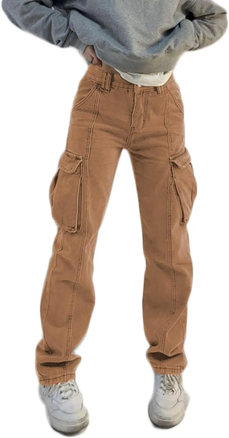 High Waist Baggy Cargo Jeans for Women Flap Pocket Relaxed Fit Straight Wide Leg Y2K Fashion Jeans