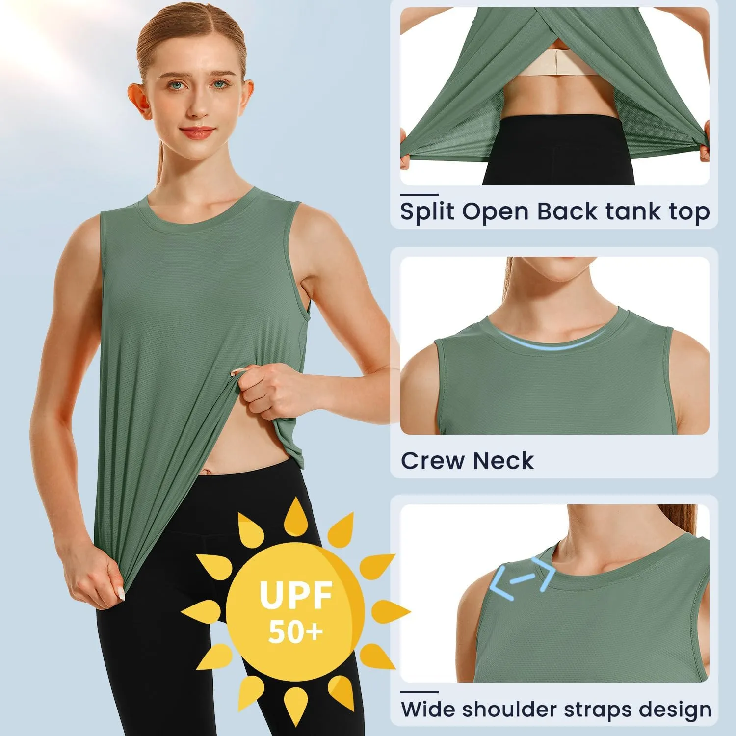 HODOSPORTS Workout Tops for Women UPF 50  Open Back Sleeveless Tank Tops Quick Dry Athletic Gym Yoga Shirts Loose Fit