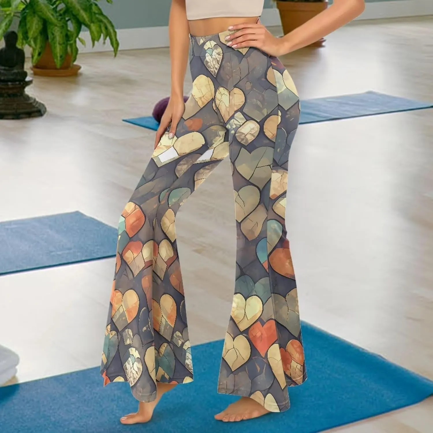 Irisjudy Women High Waist Flare Pants Morpho Butterfly Tummy Control Bell Bottom Trousers Damask Floral Office Casual Pants