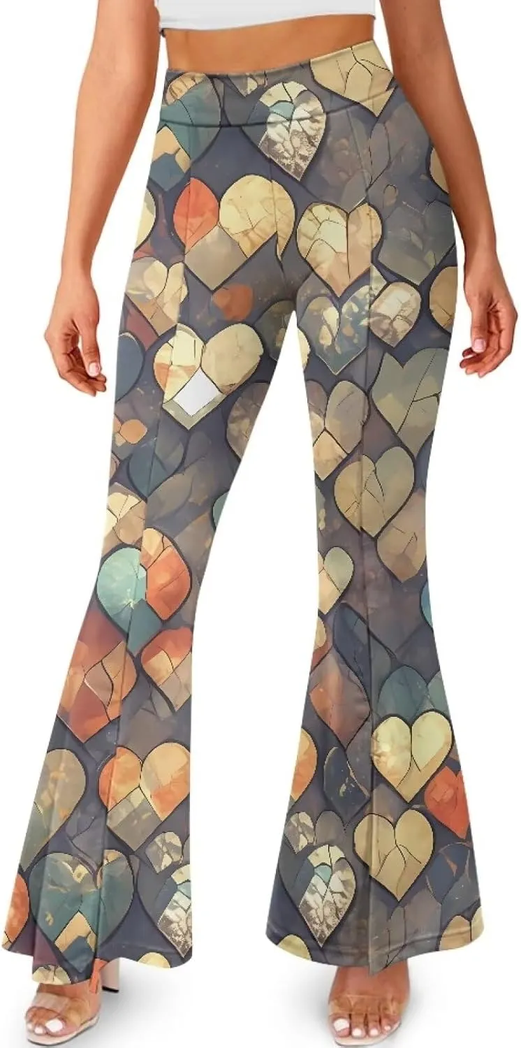 Irisjudy Women High Waist Flare Pants Morpho Butterfly Tummy Control Bell Bottom Trousers Damask Floral Office Casual Pants