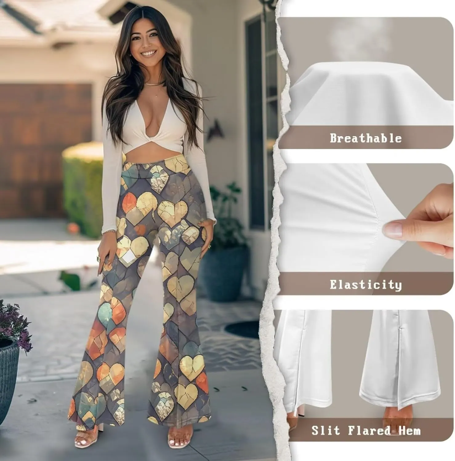 Irisjudy Women High Waist Flare Pants Morpho Butterfly Tummy Control Bell Bottom Trousers Damask Floral Office Casual Pants