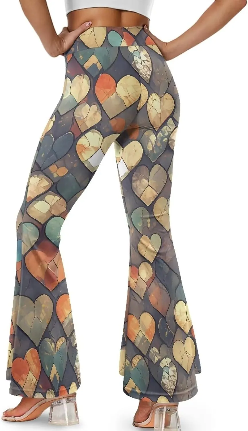 Irisjudy Women High Waist Flare Pants Morpho Butterfly Tummy Control Bell Bottom Trousers Damask Floral Office Casual Pants