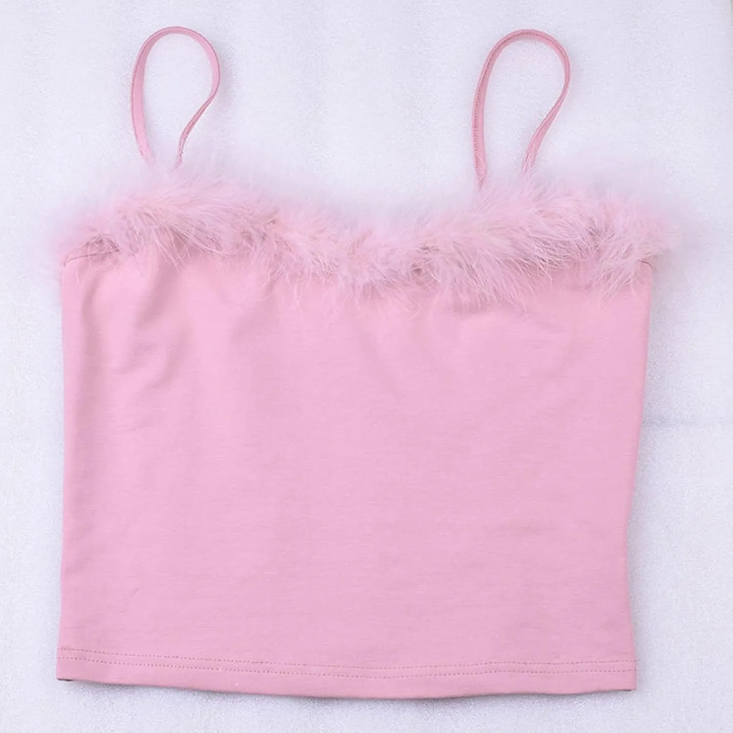 JUMISEE Women Sexy Faux Fur Trim Spaghetti Strap Crop Camisole Cami Vest Tank Top