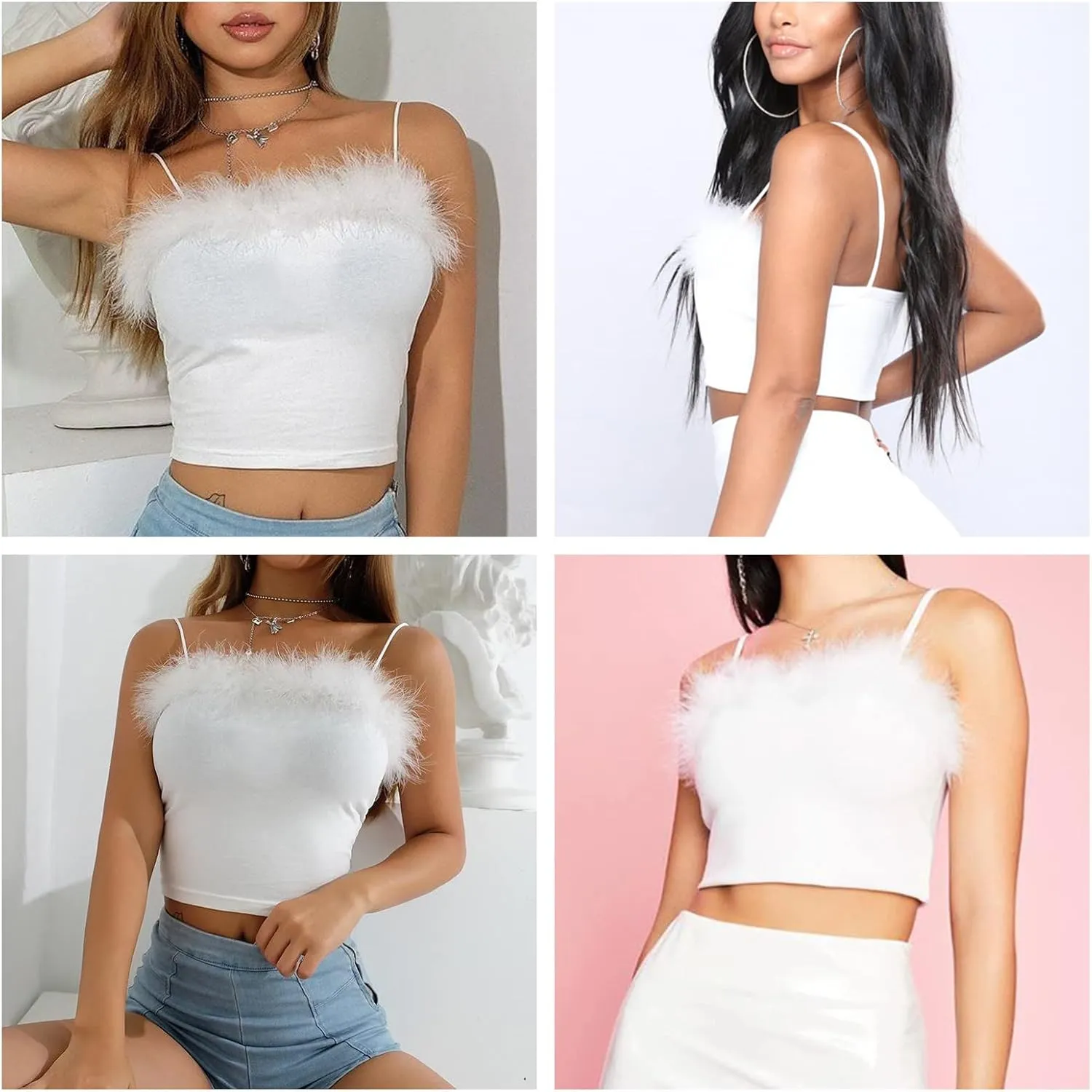 JUMISEE Women Sexy Faux Fur Trim Spaghetti Strap Crop Camisole Cami Vest Tank Top