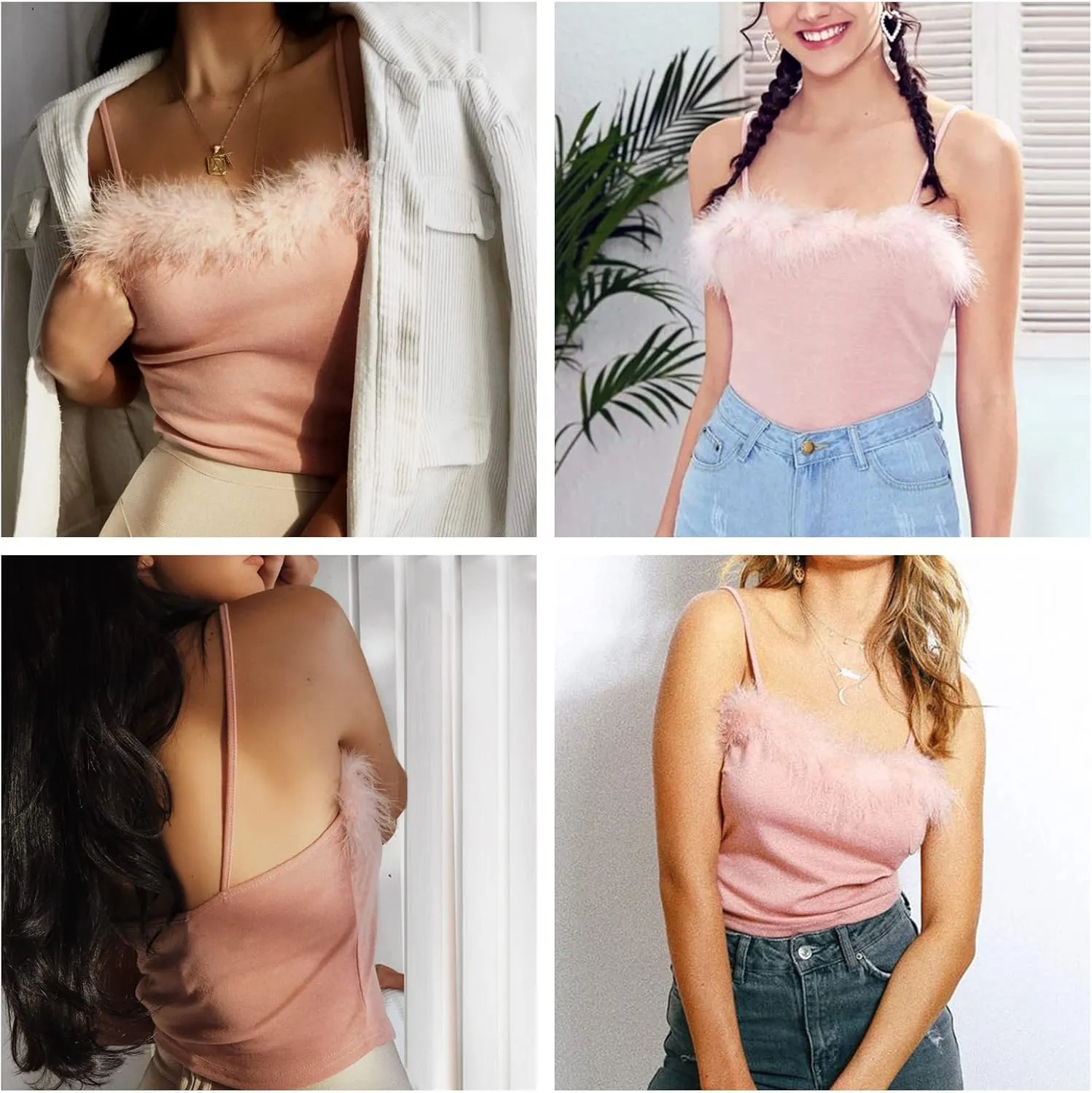 JUMISEE Women Sexy Faux Fur Trim Spaghetti Strap Crop Camisole Cami Vest Tank Top