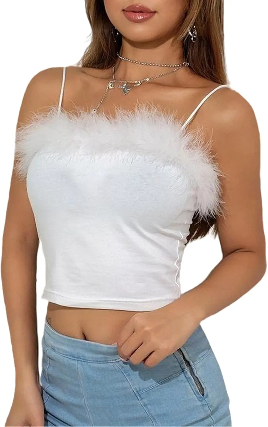 JUMISEE Women Sexy Faux Fur Trim Spaghetti Strap Crop Camisole Cami Vest Tank Top