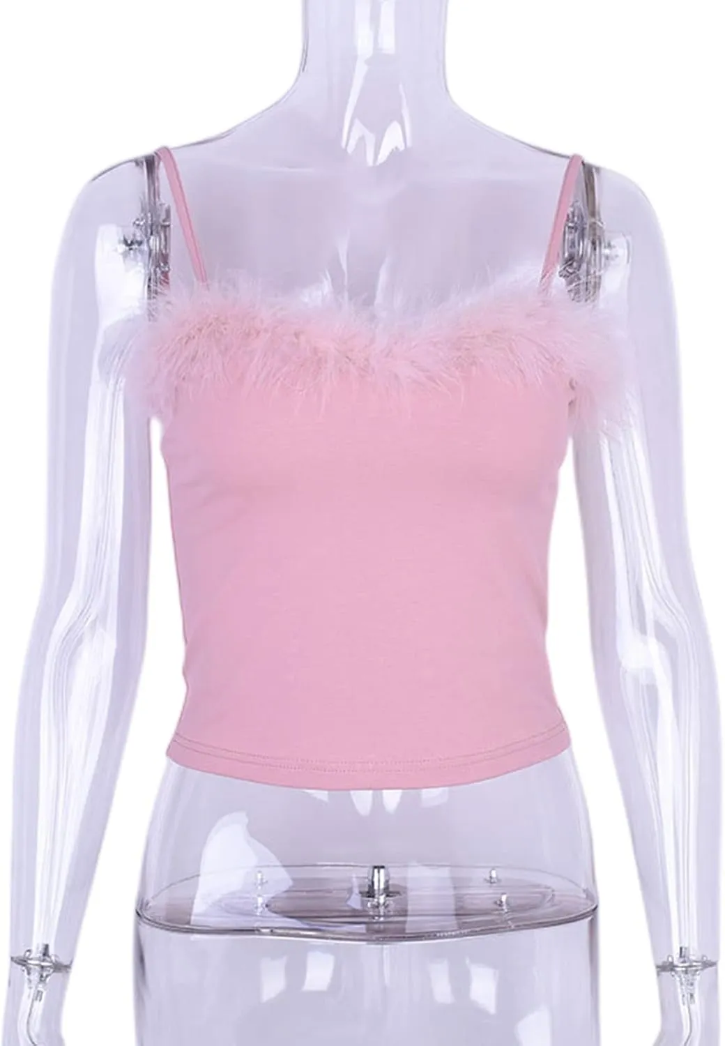 JUMISEE Women Sexy Faux Fur Trim Spaghetti Strap Crop Camisole Cami Vest Tank Top