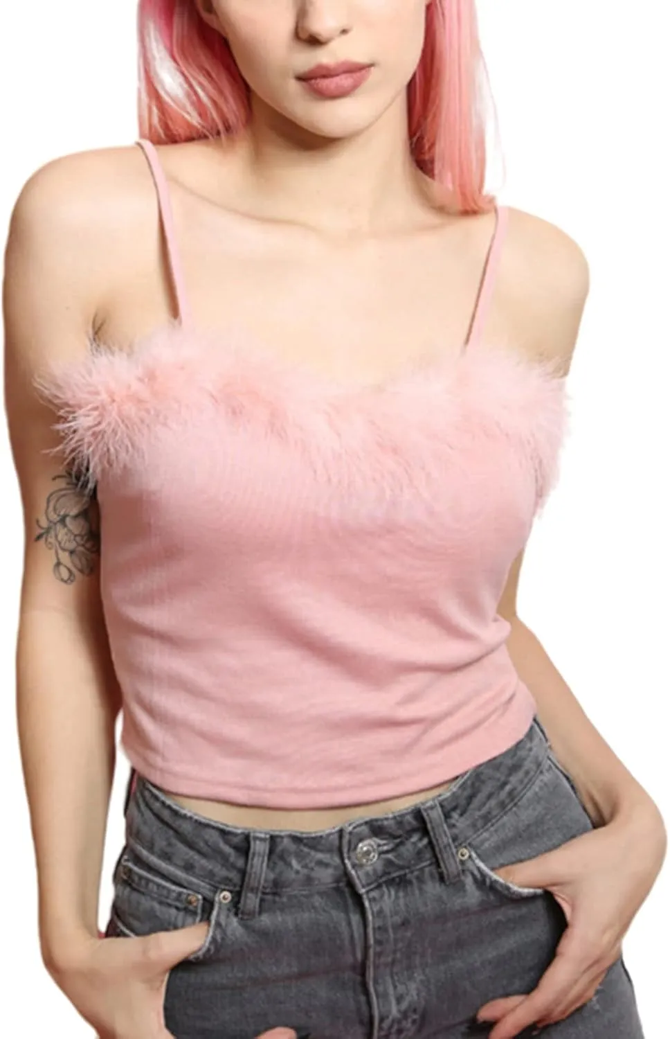 JUMISEE Women Sexy Faux Fur Trim Spaghetti Strap Crop Camisole Cami Vest Tank Top