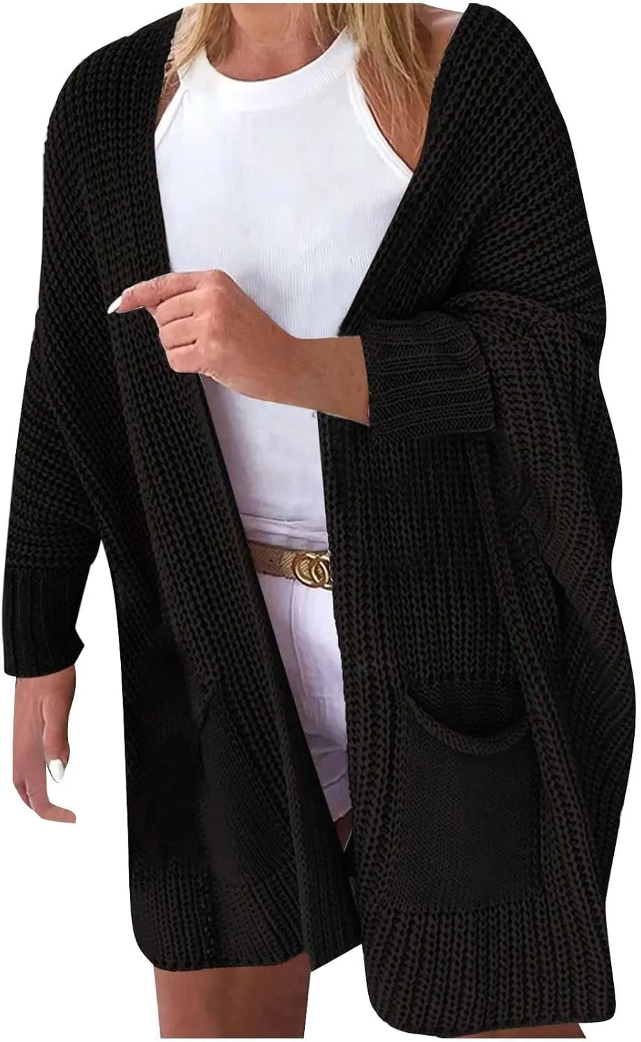 Knit Crochet Sweater Cardigan for Women Open Front Solid Long Sleeve Outwear with Pockets 2024 Winter