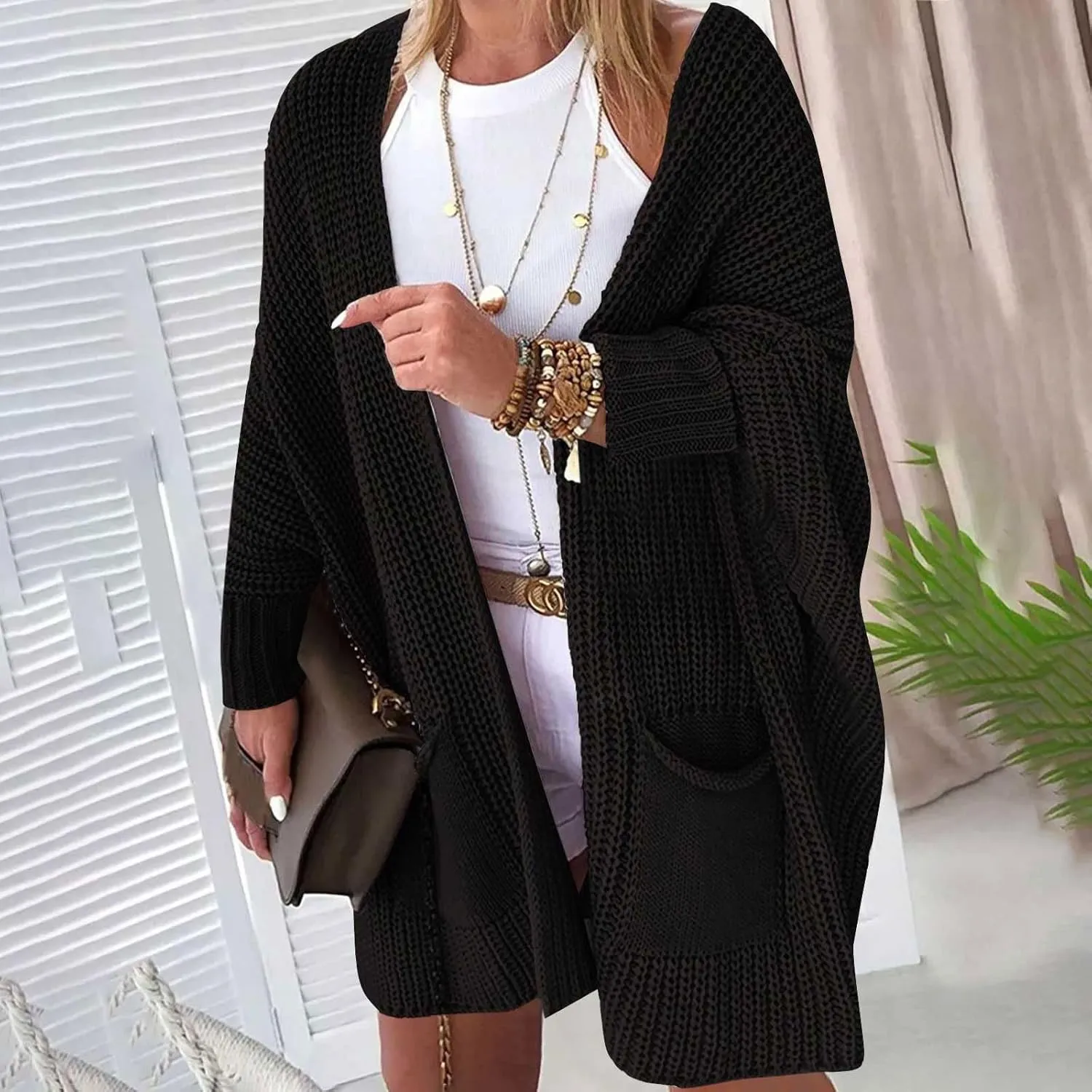Knit Crochet Sweater Cardigan for Women Open Front Solid Long Sleeve Outwear with Pockets 2024 Winter